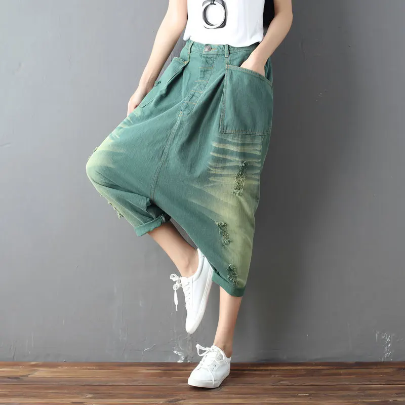 Новые женские мешковатые джинсы в стиле хип-хоп, джинсы с заниженным шаговым швом, вымытые до икры, брюки в стиле бохо, джинсы в японском стиле G050504 - Цвет: Pants 02