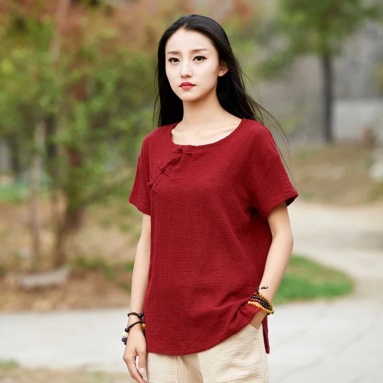 

ORIGOODS Chinese style Women Blouse Shirt Cotton Linen Vintage Summer Shirts Solid Slim Women Tops and Blouses Blusas Femme B203