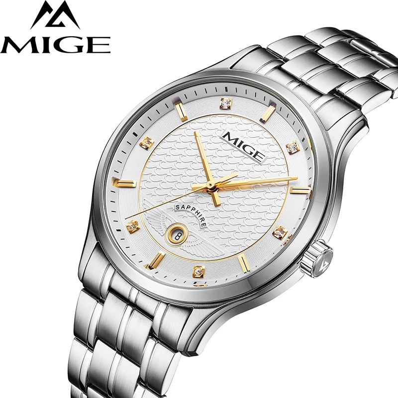 HOT SALE  2018 Top Brand Mige Business Couples Watches Steel Case White Face Japan Movement Lover Watch Water