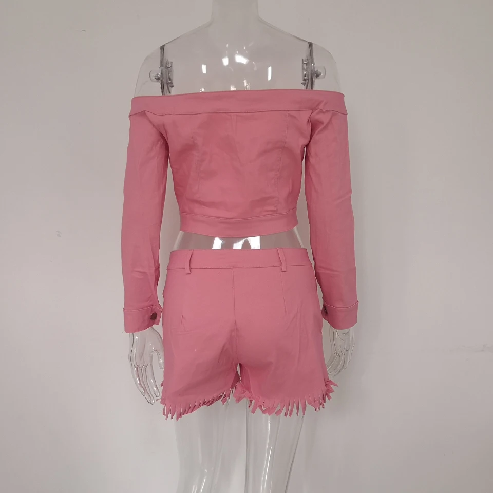 JillPeri женский топ с вырезом лодочкой и длинным рукавом и шорты Комплект из двух предметов розовый джинсовый костюм с кисточками