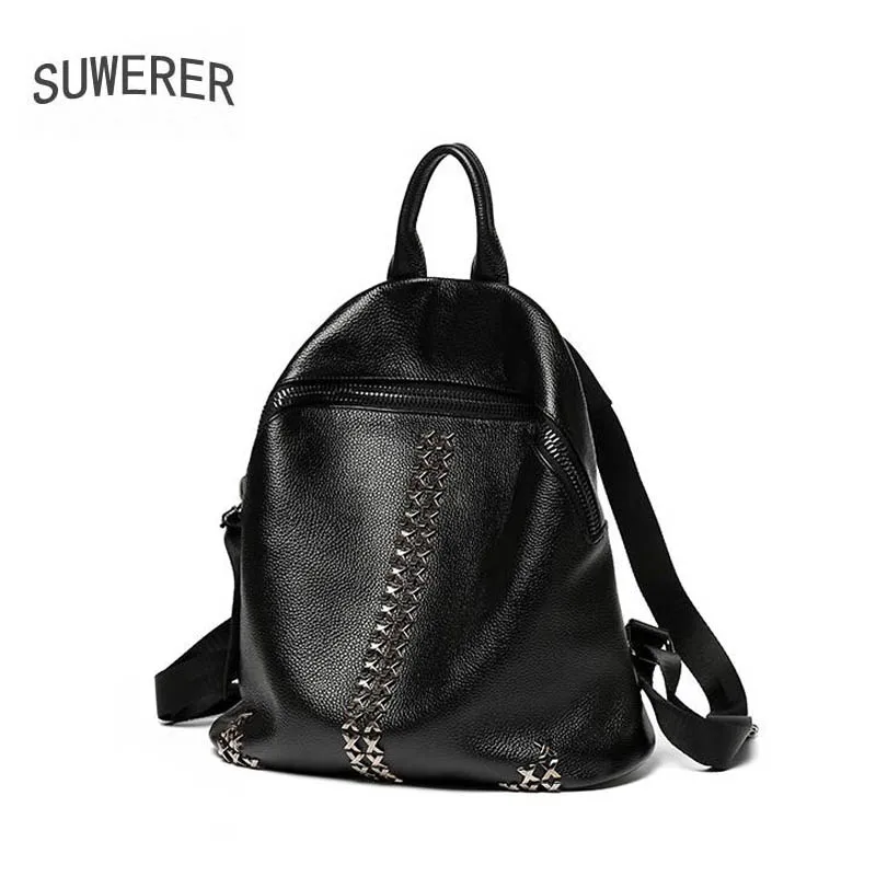 

Women Genuine Leather bag 2019 new rivet bag female leather backpack female leather backpack college wind travel bag big bag