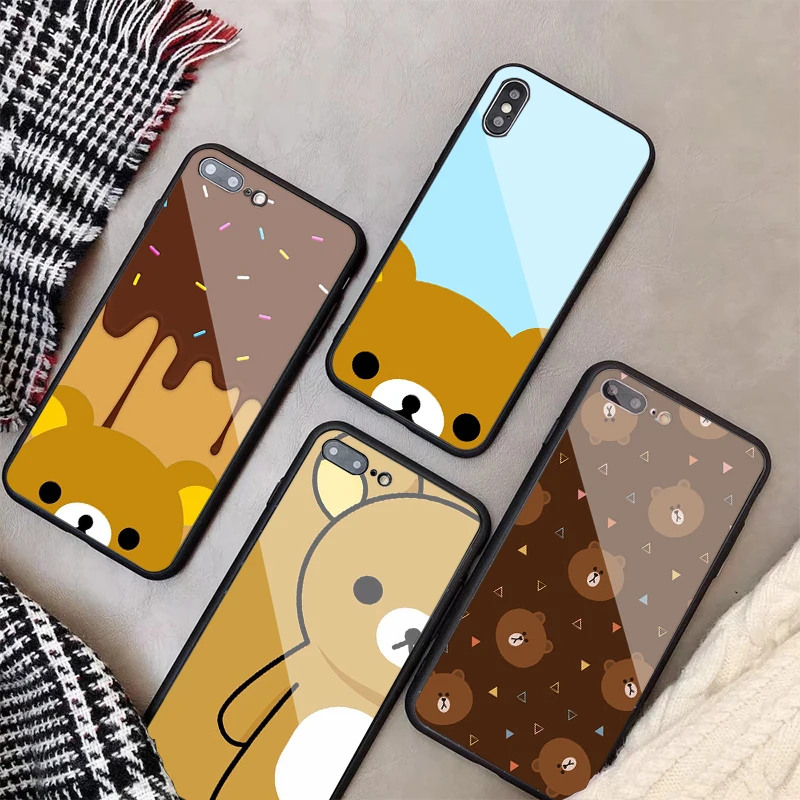 

Tempered Glass Phone Case For iPhone X XR XS XS Max 8 7 6 Plus For iPhone 5 5C SE 5S 6S Cute rilakkuma