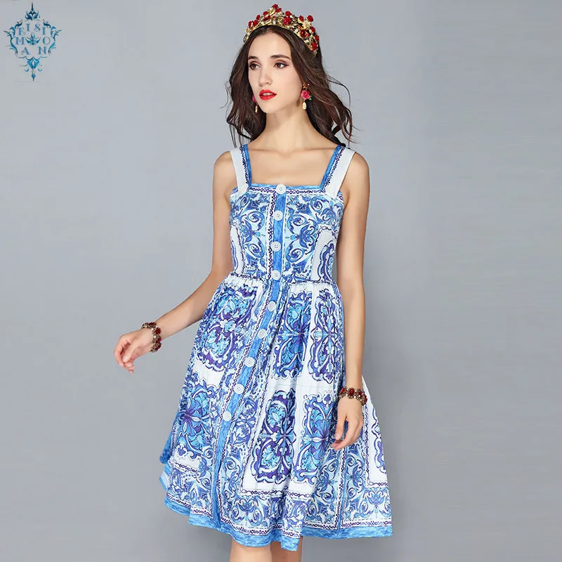 

LD LINDA DELLA New Fashion Runway Summer Dress Women's Spaghetti Strap Blue and white Floral Printed Casual Dress vestidos
