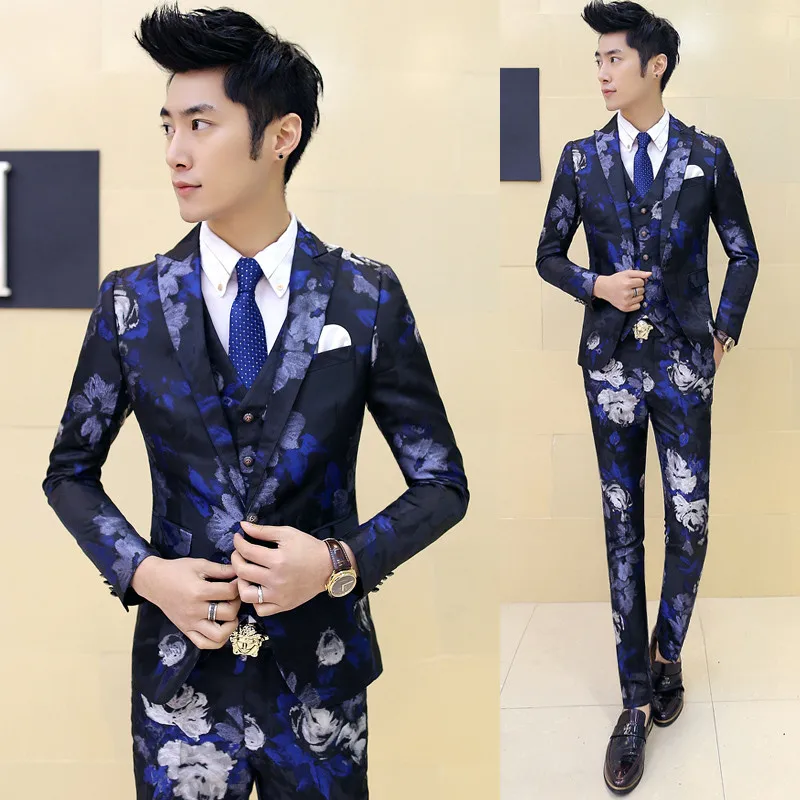 

2021 Spring Tide Broken Printed Suit Hair Stylist Business Suit Three Sets Men Clothing Formal Dress Married Singer Costumes