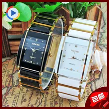 Moda LONGBO Marca de Diamantes Hombres Elegantes Señoras Vestido de Pulsera de Cuarzo Analógico Reloj Cuadrado de Acero De Cerámica Amante Pareja