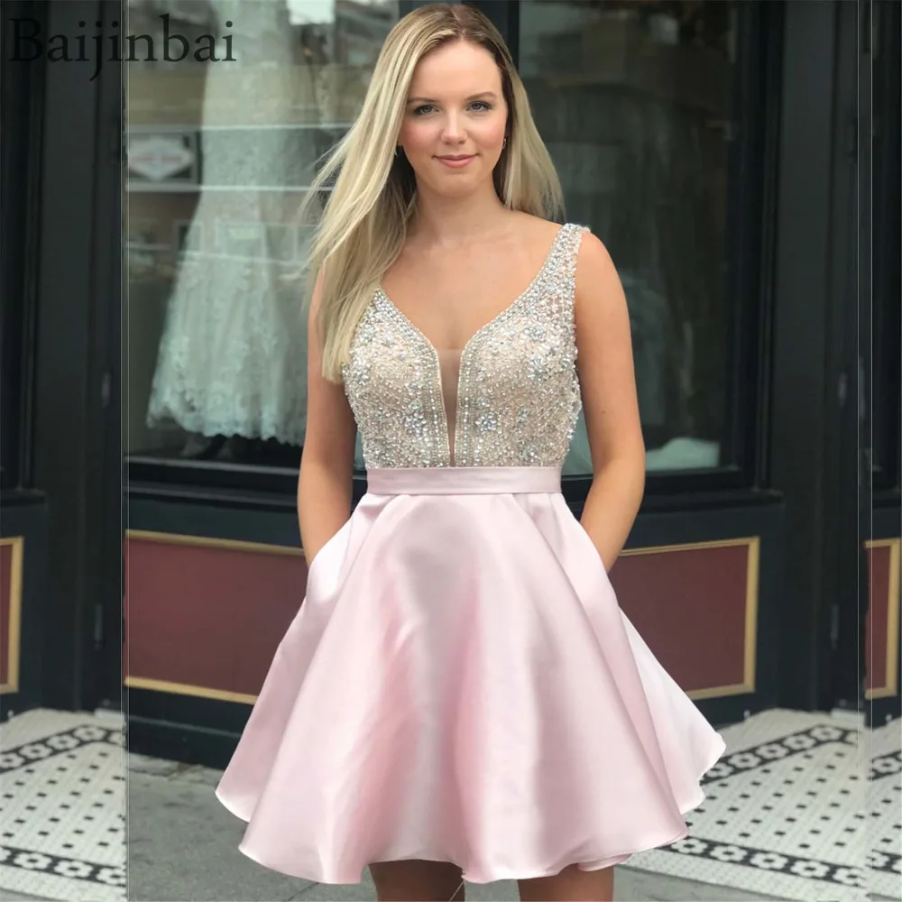 Baijinbay Sparking Бисероплетение платье для выпускного вечера Vestido De Formatura Curto Sheer v-образным вырезом атласные Короткие платья для выпускного на молнии сзади