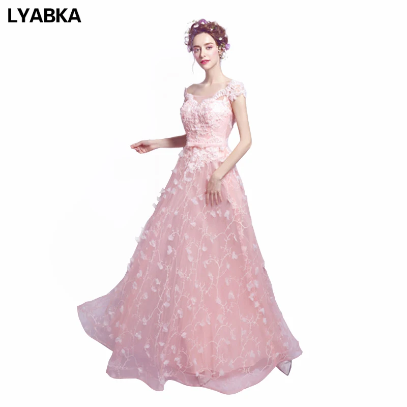 

Evening Dresses Pink Robe De Soiree 2019 New Fashion Abendkleider Scoop Neck Evening Dresses Kaftan Tulle Applique Evening Dress