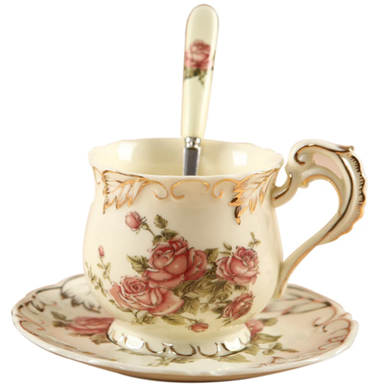 

2018 Newest Luxurious Ceramic Coffee Cups With Saucer Tea Milk Cup Set with spoon European Style Drinkware-Z0031