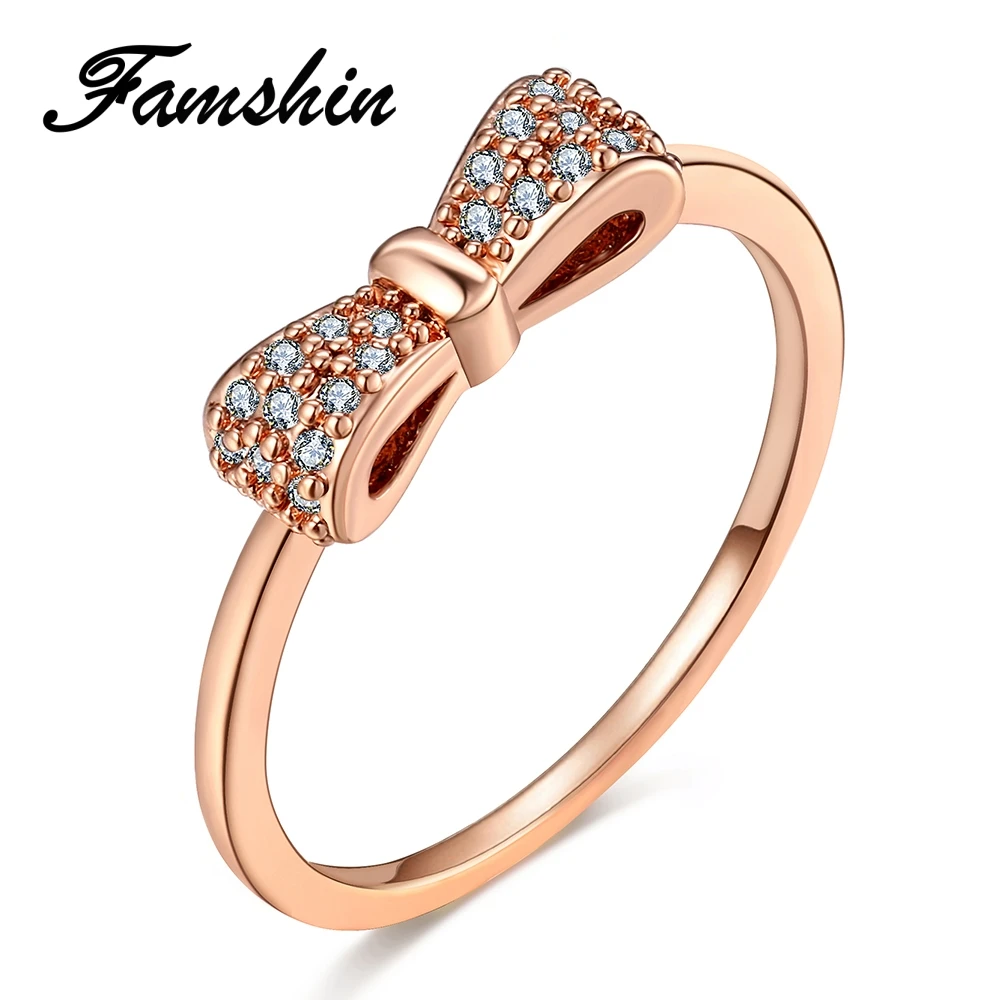 

FAMSHIN Fashion Cubic Zirconia Bowknot Crystal Rings for Women Trendy Rose Gold Silver Color Engagement Wedding Finger Jewelry