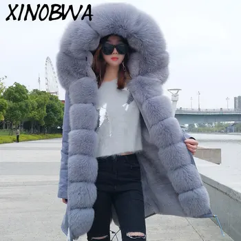 

Europe New Women High Fashion Winter Luxurious Real Fox Fur Collar Long Jackets Coat Female Detachable Faux Liner Parkas Outwear