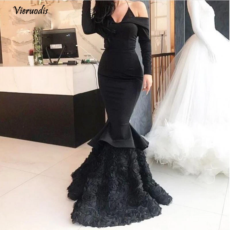 29-1 Black Rose Flower Stretchy Mermaid Evening Dresses 2018 Full Sleeves Halter Sexy Long Evening Gowns Formal Party Dress