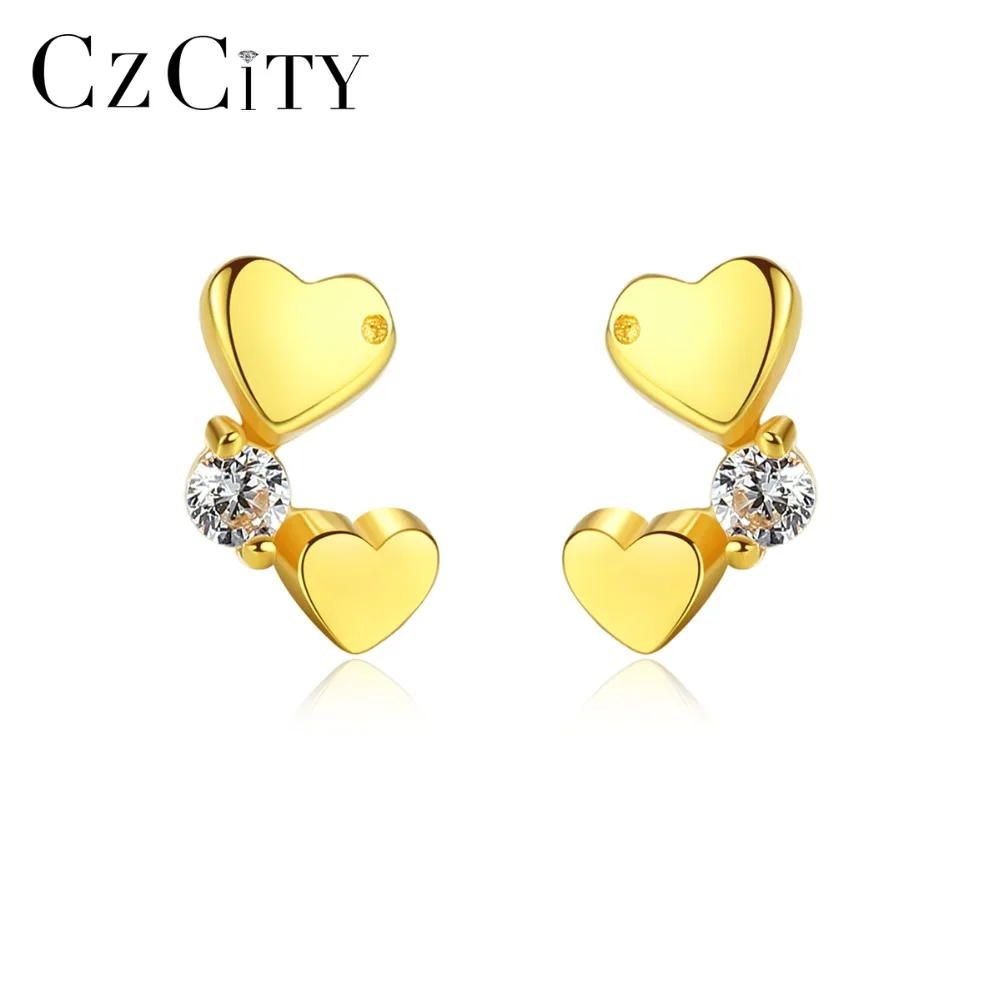 

CZCITY Korean Double Heart Stud Earrings for Women Exquisite Design Girls Earrings Brand Silver 925 Jewellery Dating Accessories