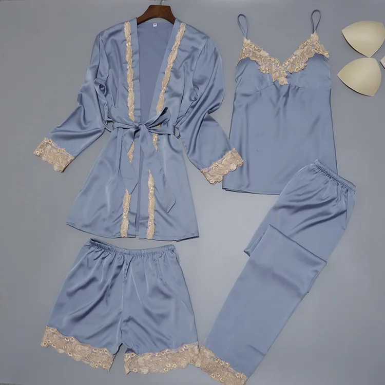 Women Silk Satin Sleepwear Set New Robe+Slip Top+Pant+Shorts 4 Pieces ...