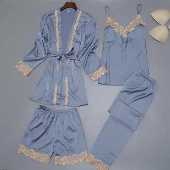 

Women Silk Satin Sleepwear Set New Robe+Slip Top+Pant+Shorts 4 Pieces Lace Nightwear Summer Pajama Set ELegant Home Clothing