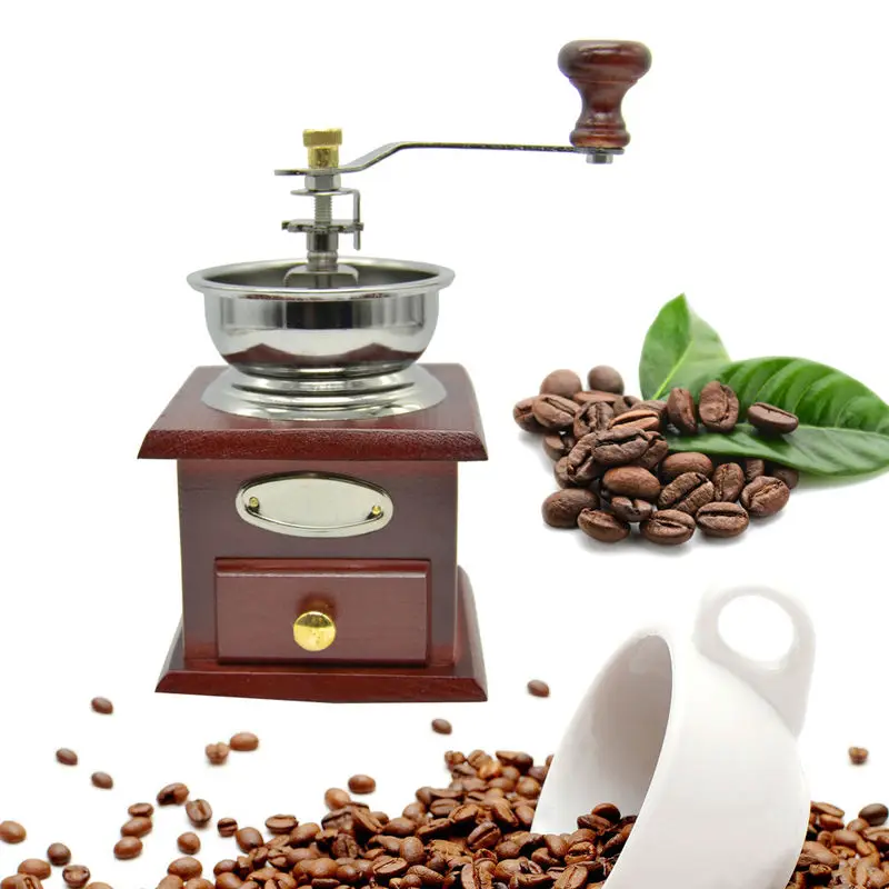 Classical Wooden Manual Ceramic Coffee Grinder Washable Stainless Steel Retro Home Kitchen Mini Manual Hand Spice