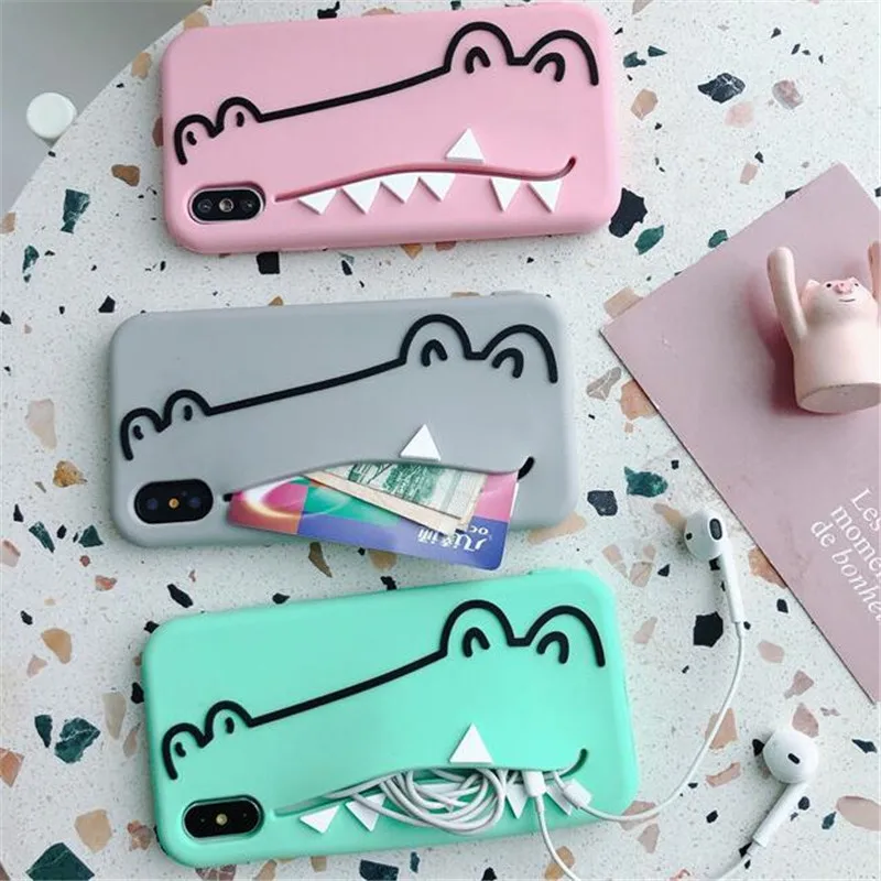 

UVR Phone Bag For Iphone XR X 8 7 6 Plus cartoon crocodile Card package Phone Case Mobile Phone Cases Card Slots Wallet Silicone