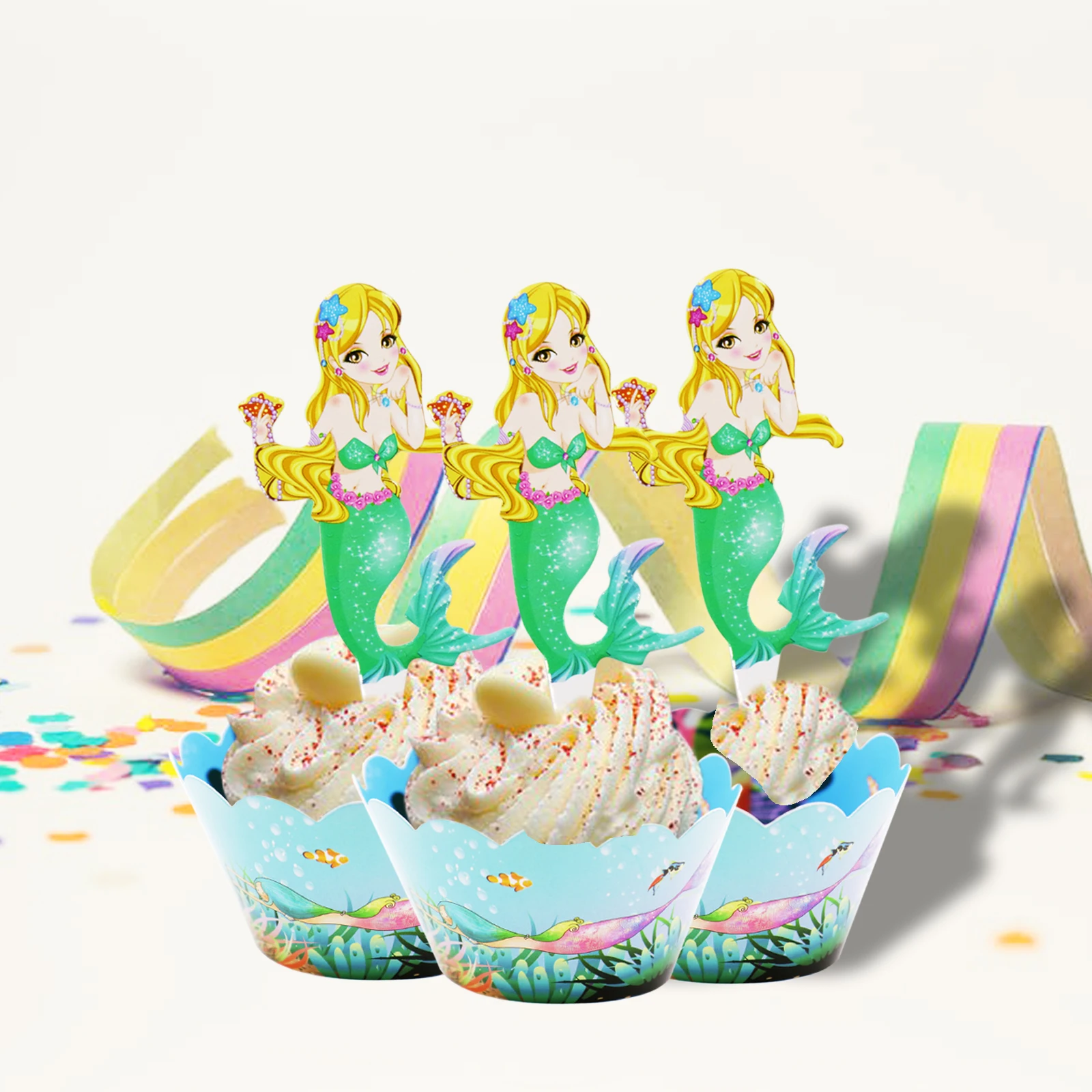 

24pcs Mermaid Theme Party Mermaid Cupcake Wrapper Princess Paper Cupcake Topper Wedding Birthday Kids Party DIY Cake Decorations