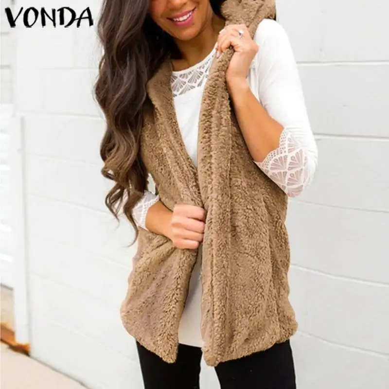 

VONDA Women Coat Warm Hooded Outwear 2019 Autumn Winter Sleeveless Jackets Casual Loose Cardigan Vest Tops Waistcoat Plus Size