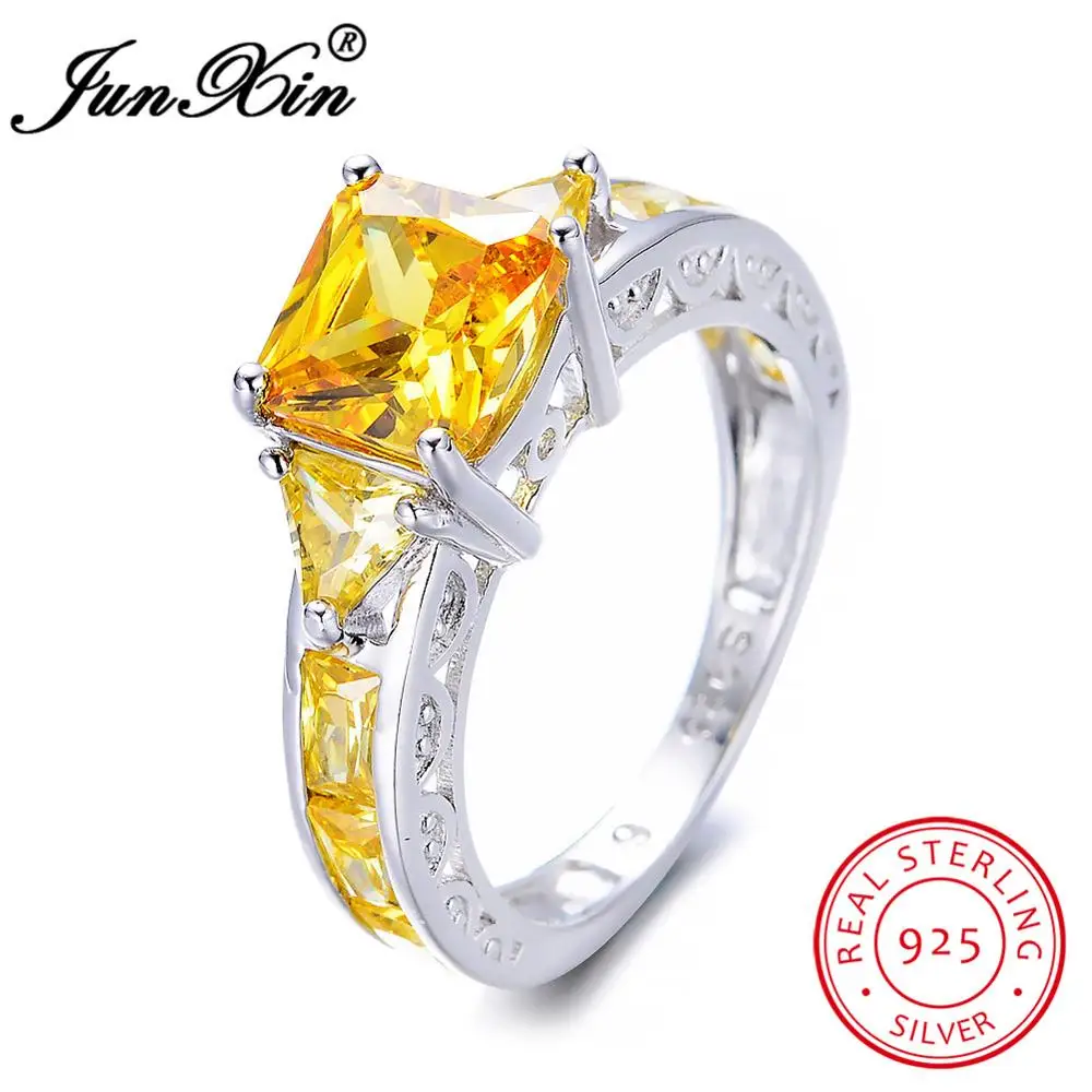 Yellow Ring JUNXIN Настоящее серебро 925 обручальные кольца для женщин Принцесса Cut Циркон Радужное Кольцо роскошные свадебные украшения - Цвет основного камня: Yellow Ring