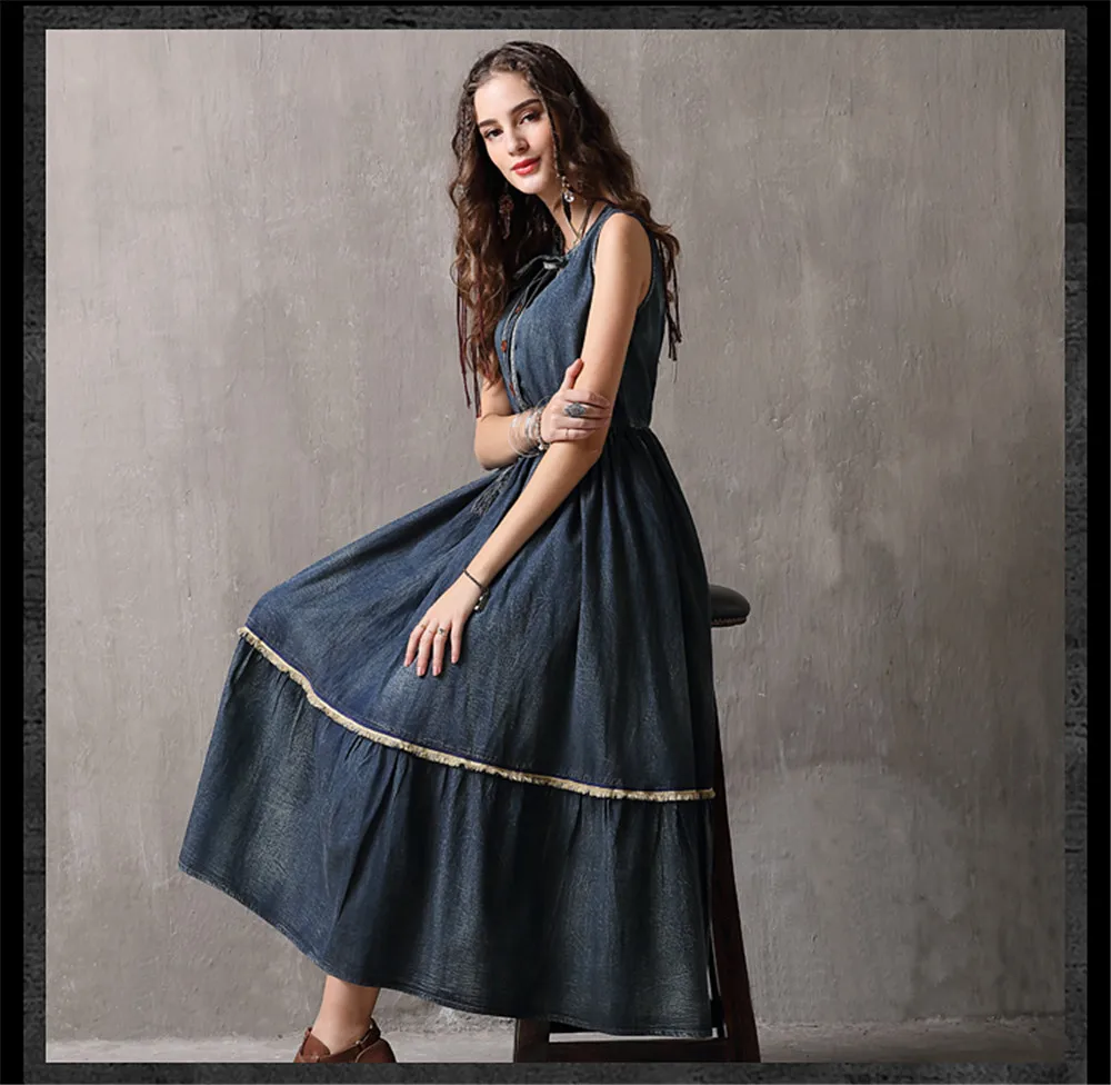 Vintage Summer Tank Dress 2018 Casual High Waist Denim Vestidos O-Neck Swing Hem A-line Elegant Sundress Dress Female K82106 (14)