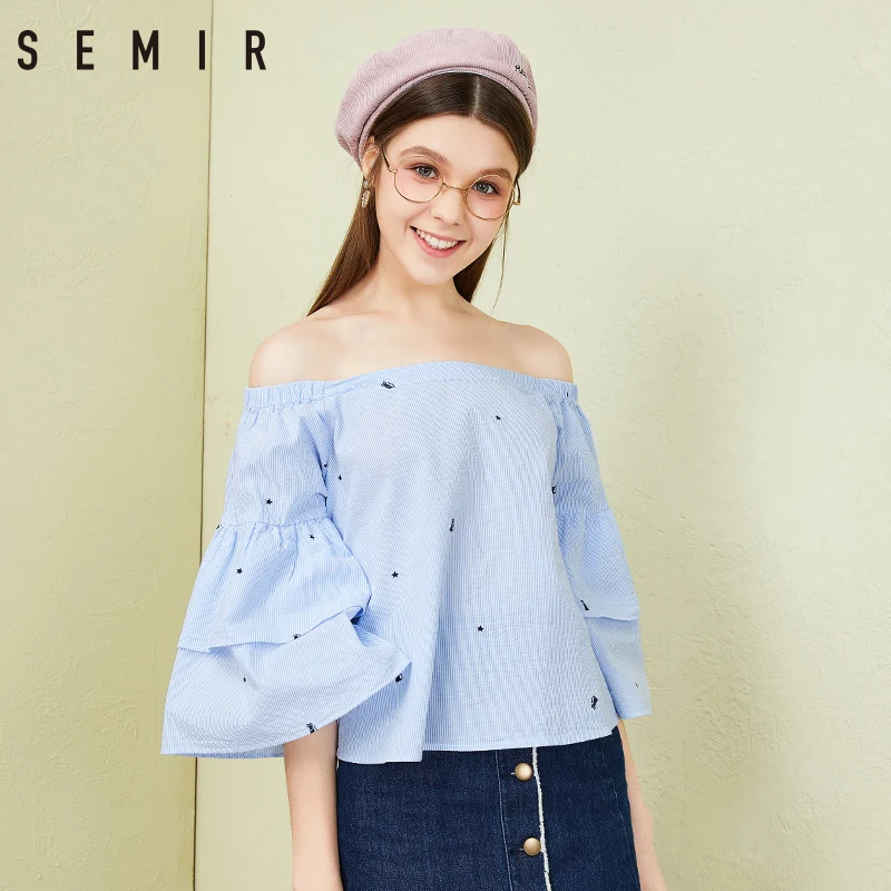SEMIR женская блузка с открытыми плечами из 100% хлопка, с расклешенным рукавом длиной 3/4, с открытыми плечами, с застежкой на пуговицы сзади