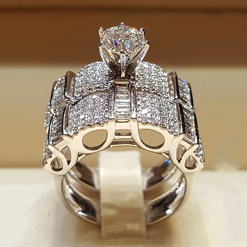 USTAR 2pc/set Luxury Crystal Zircon Promise Wedding Rings Set Boho Silver Bridal Engagement Rings For Women female anel jewelry