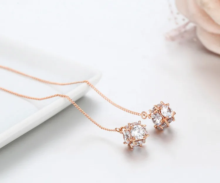 Полный Круглый AAA CZ Циркон мяч Link Rose Gold Цвет длинной цепочкой падение серьги нити через Серьги для Для женщин Обувь для девочек ювелирные изделия aros