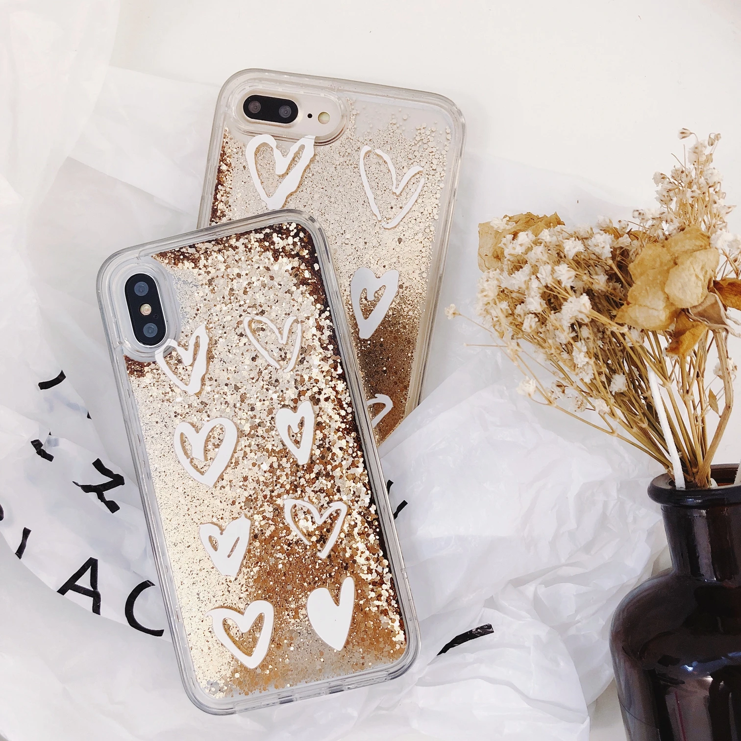 

HAIANGUO NEW Luxury Cute Love Heart Gold Bead Bling Glitter Dynamic Liquid Quicksand Phone Case For iPhone X 6 6S 7 8 Plus Cases
