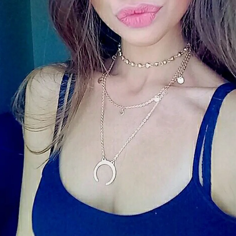 Bohemian Necklace 2019 For Women Girl Gold Color Sequins Chokers Necklaces Multi layer Collar Bijoux Fashion Jewelry Wholesale