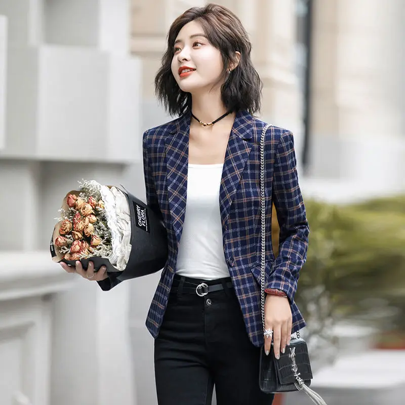 Ladies Plaid Notched blazer Single button Casual outwear elegant monteau femme fall womens blazers long sleeve top clothing 2019