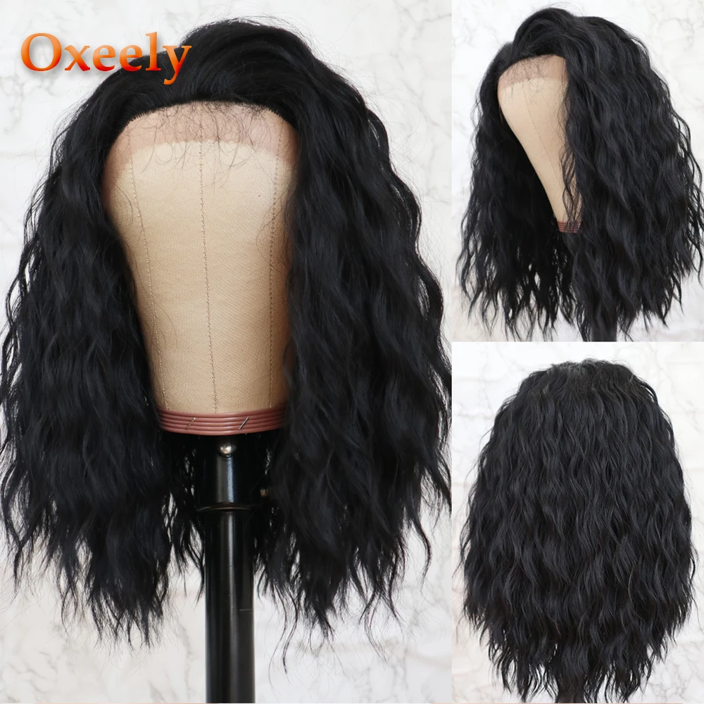 

Oxeely Short Black Loose Curly Hair Lace Wigs Free Part with Baby Hair Glueless Synthetic Lace Front Wigs for Black Women