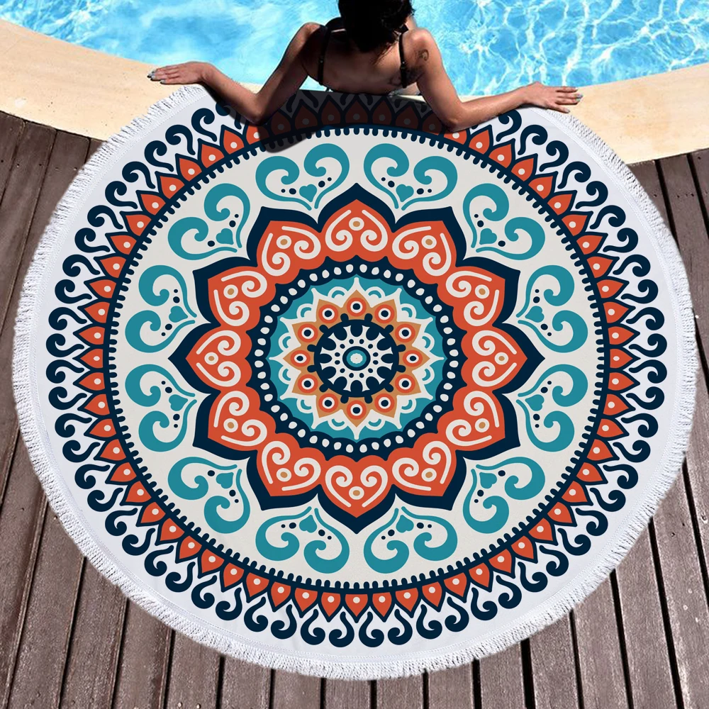Bohemian Mandala Round Beach Towel Microfiber Tassels Towels for Adults