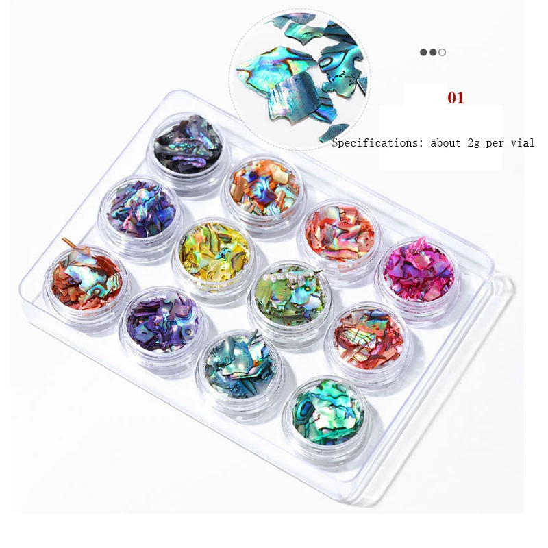 

12pcs/set Natural Colorful Pearl Light Nail SeaShell Slices Particle Crushed Shell Manicure Set Thin Nail Art Glitter Decoration