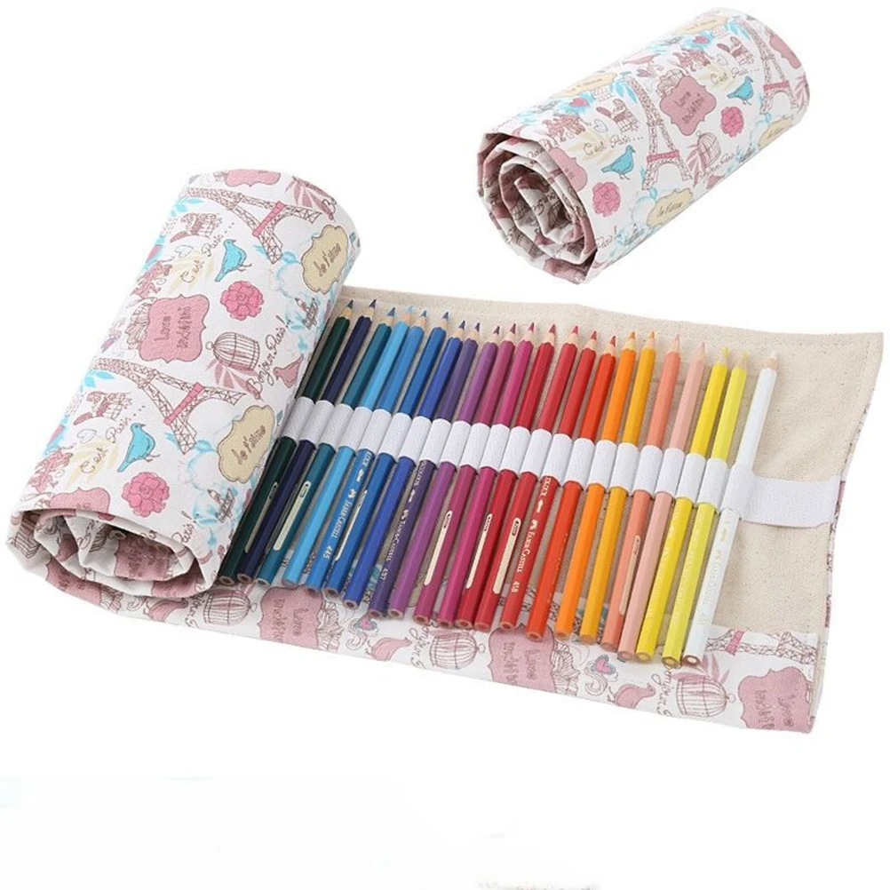 

36/48/72 Holes Roll School Pencil Bag Material Escolar School Supplies Korean leather Retro Eiffel Tower pencil bag