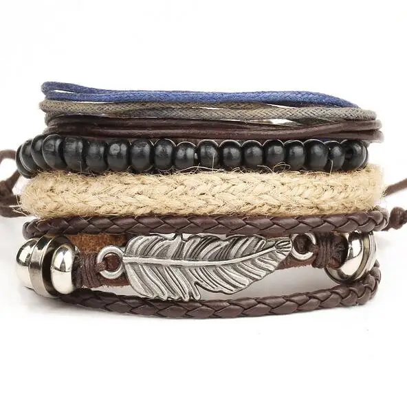 Punk Metal Feather Wood Beads Braclets & Bangles For Men Boy Cool