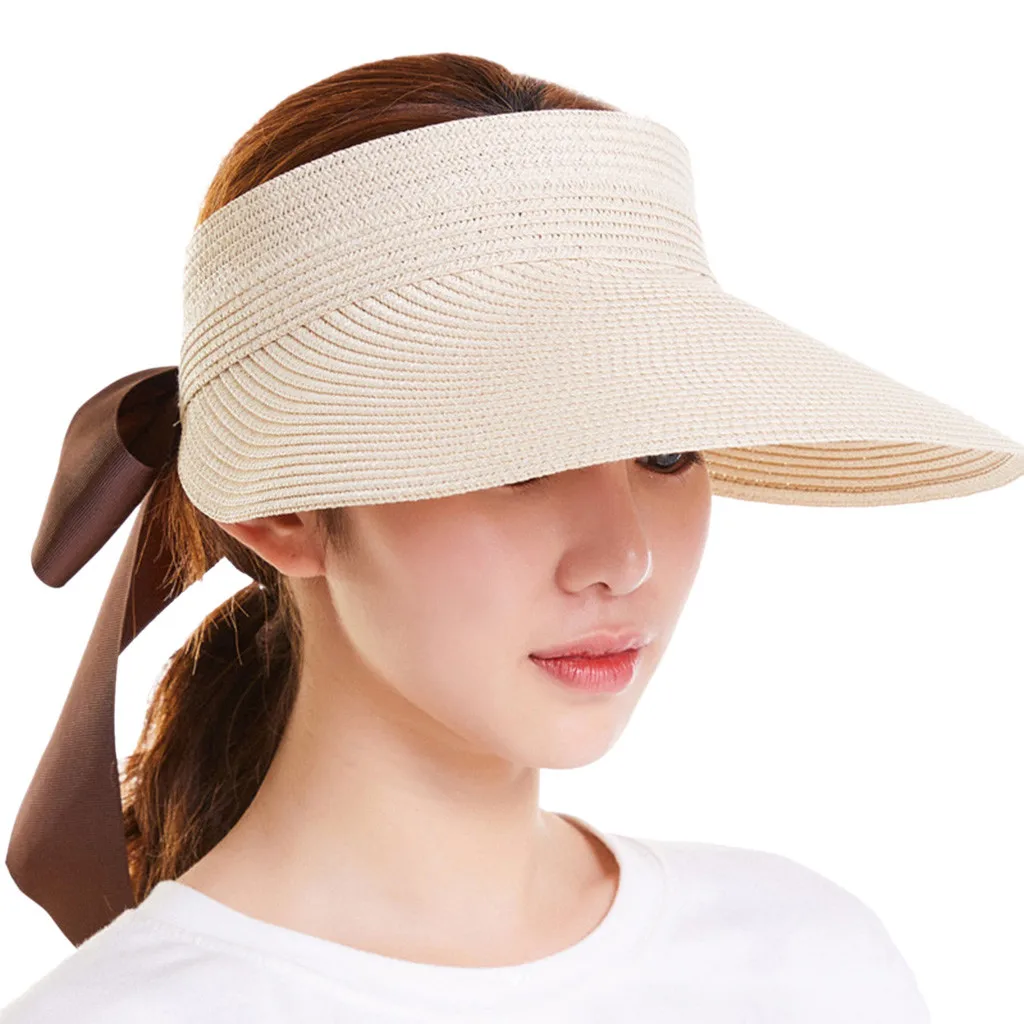 

Sun hats for women Summer cap Straw hat visor Floppy Bow Sun Beach Straw Hat Foldable Sunscreen Outdoors Cap T425