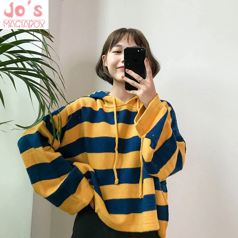 

New Spring Sweater Hooded women Loose short color stripes Pullovers Full sleeve Pink knitted One size Sweater Harajuku