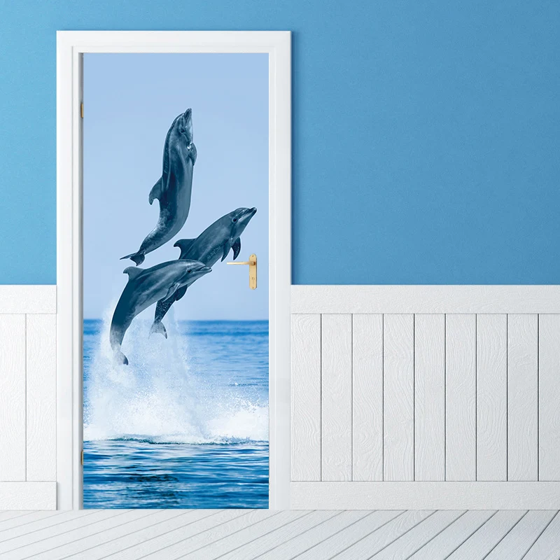 Наклейка на дверь с дельфинами, ПВХ, самоклеющаяся, водостойкая, фото обои, наклейка на стену, детская спальня, домашний декор YMT016