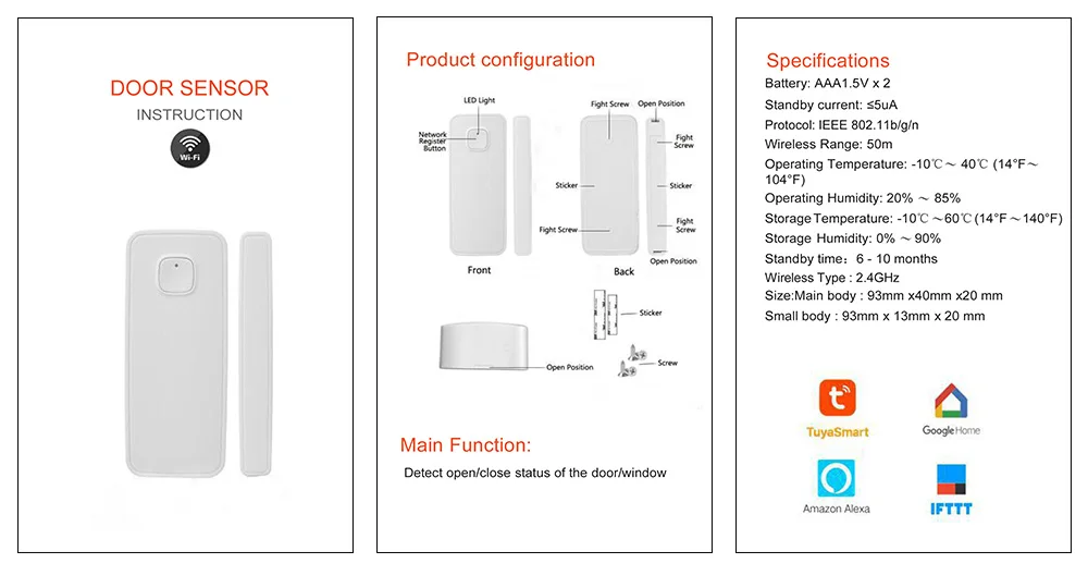 Беспроводной Wi-Fi датчик двери, окна, детектор домашней безопасности, система сигнализации двери, Amazon Alexa совместима с Умной жизнью, управление через приложение Tuya