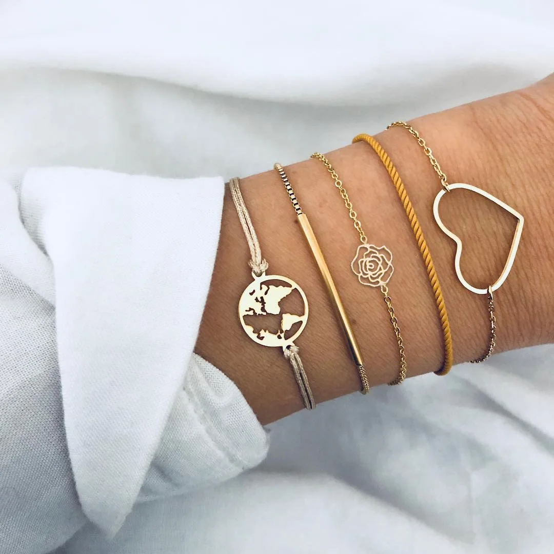 

5 PCS/Set Hollowed out Rose Map Bracelet Bangle Set For Women Adjustable Charm Summer DIY hand Jewelry Gift DropShipping