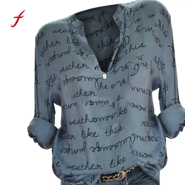 2018 vente chaude femmes v&ecirc;tements Femmes Plus La Taille V-cou Bouton &Agrave; Manches Longues Lettre Blouse Pull Chemise