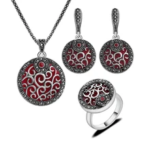 2017 New Arrival Silver Plated Antique Jewellery Round Pendant Red Resin And Black Rhinestone Vintage Fashion Jewelry Sets