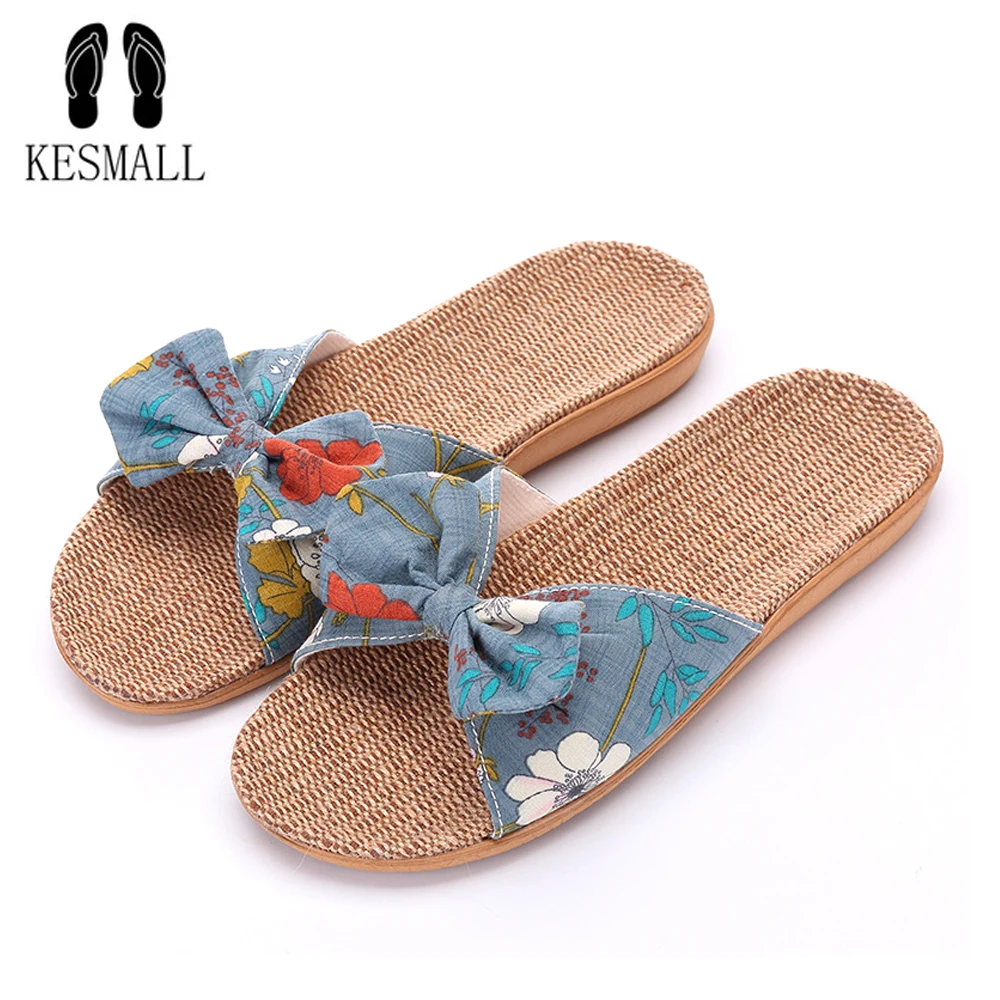 

KESMALL Women' Linen slippers Fashion Deisgn Floral Bowknot Flat Slippers Comfortable Home Slippers Indoor Shoes Beach Slippers