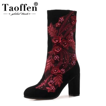 

Taoffen Women Genuine Leather Half Short Boots Embroidery String Bead Winter Shoes Women Warm Fur High Heel Boots Size 34-43