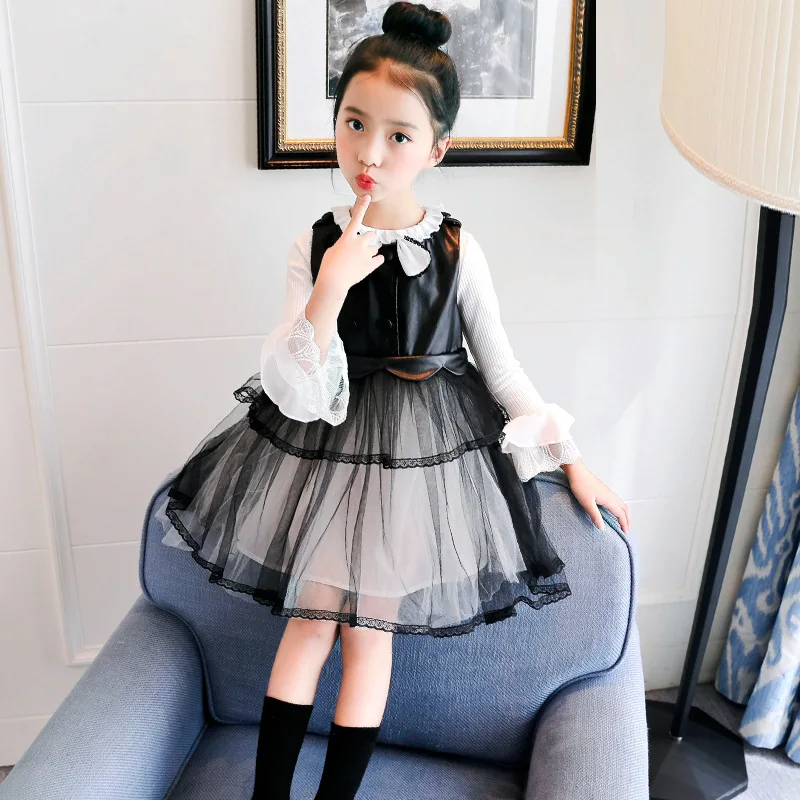 

girls faux leather dress +long sleeve t-shirt 2 pieces clothing sets 2018 autumn