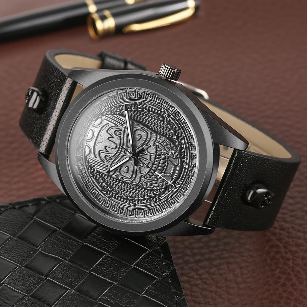 Bronze Retro Steampunk Skeleton Men's Watches Creative Skull Head Dial Vintage Quartz Clock Genuine Leather Band Punk WristWatch (11)