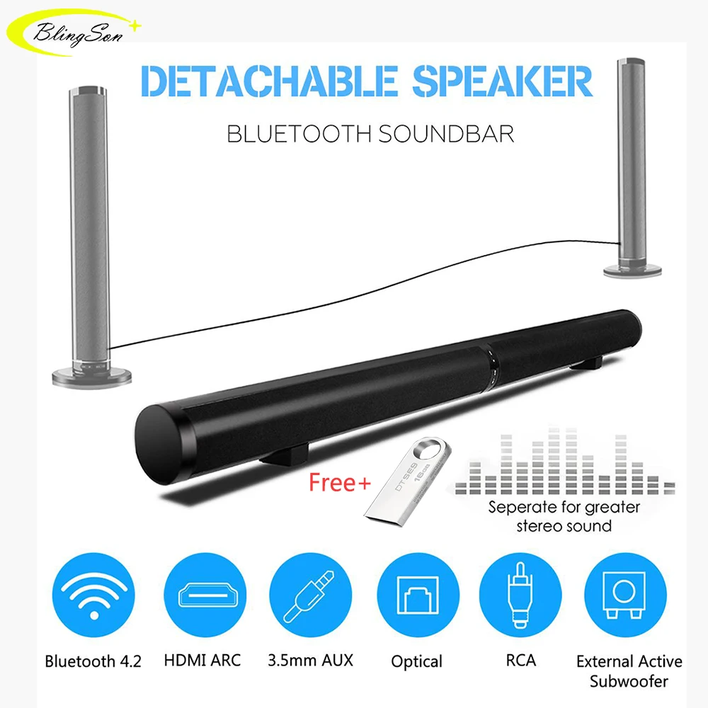 Wireless Bluetooth Soundbar Detachable Speaker HiFi 3D Stereo Surround HDMI/Fiber/Rac/AUX Sound Bar System for TV Home Theatre