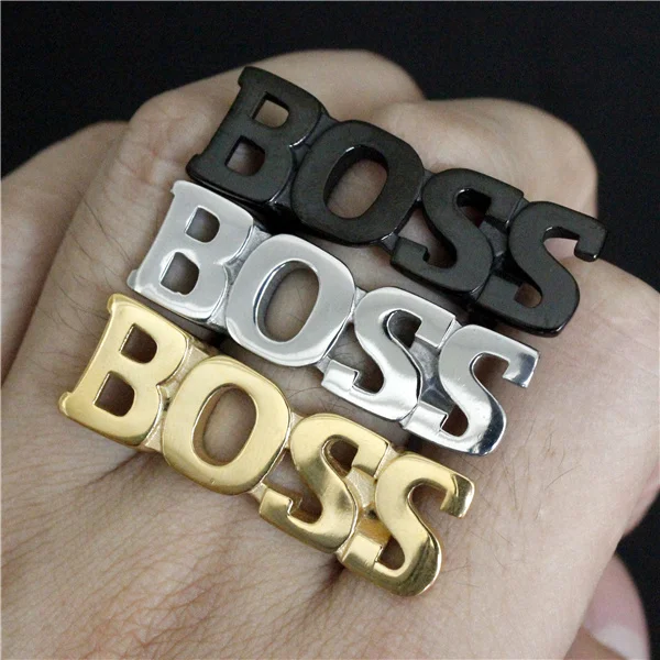 

Size 7 to 13 Letter BOSS Ring 316L Stainless Steel Mens Women Gold Silver Black Punk Style Rich Man Big Boss Ring
