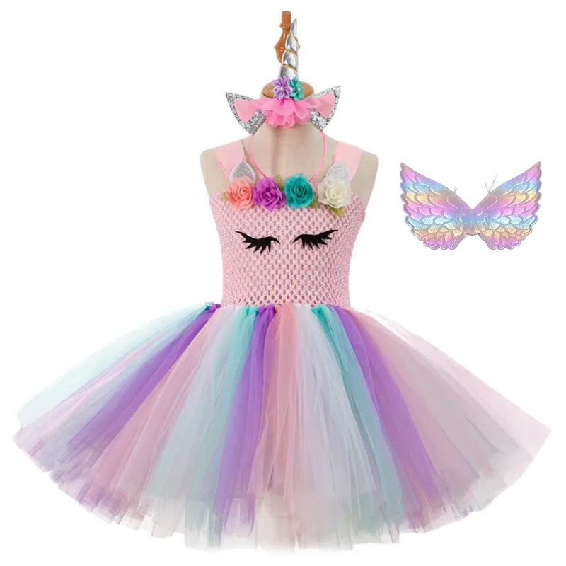 Платье-пачка с радужным единорогом для девочек; праздничное платье принцессы с цветами для девочек; Детский костюм единорога на Хэллоуин - Цвет: style-H