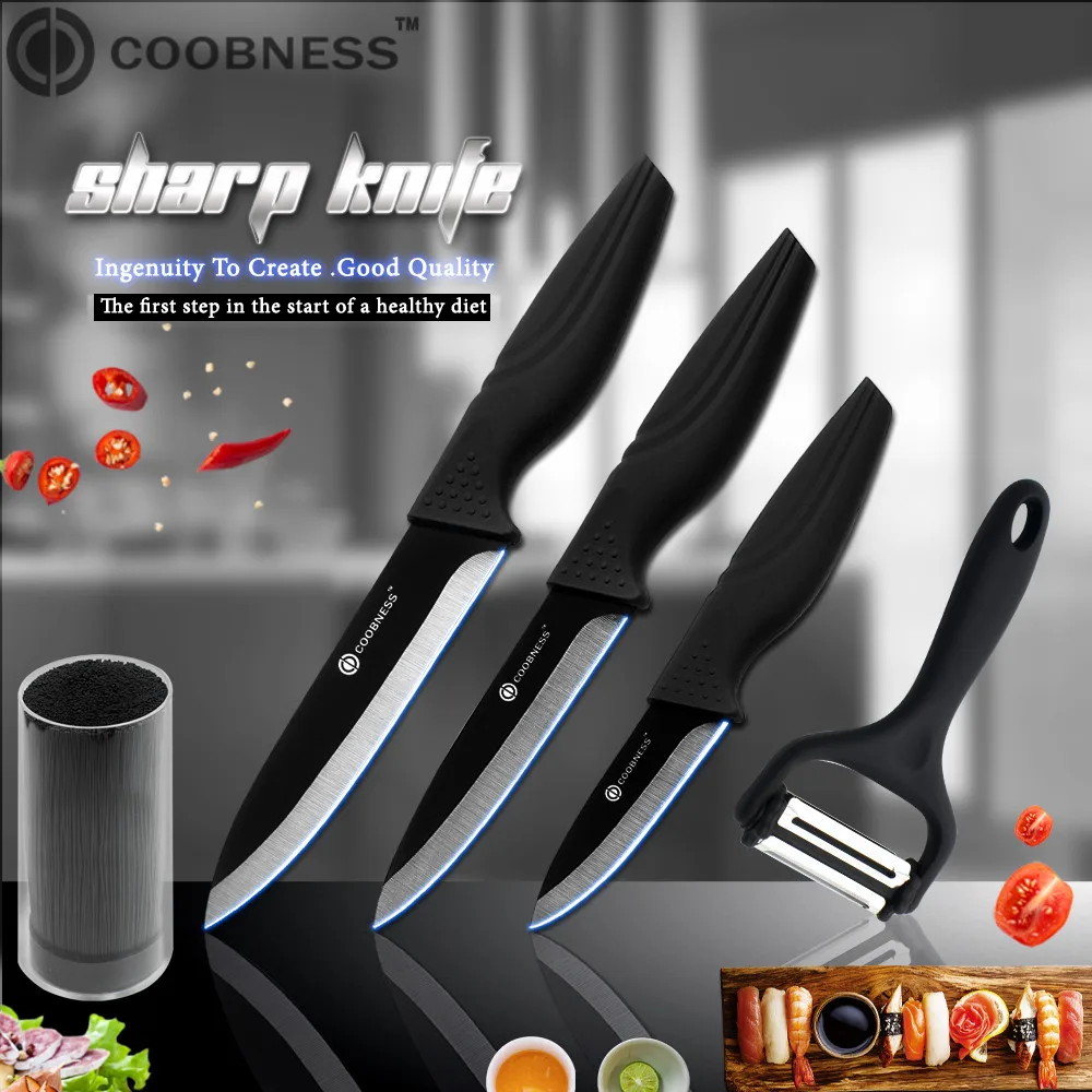 

COOBNESS Brand Ceramic Knife 5 Piece Set Black Black Kitchen Knife 3" 4" 5"+Multifunction Peeler+Knife Holder Accessories Set